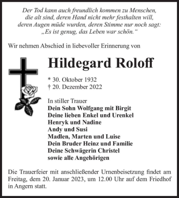Traueranzeige von Hildegard Roloff  von Magdeburger Volksstimme