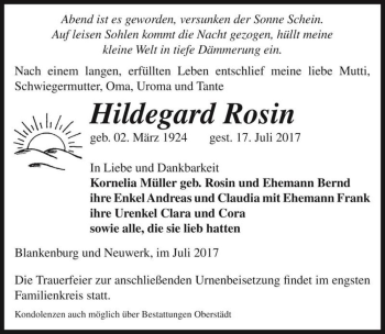 Traueranzeige von Hildegard Rosin  von Magdeburger Volksstimme