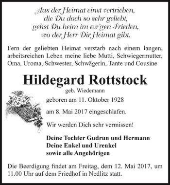 Traueranzeige von Hildegard Rottstock (geb. Wiedemann)  von Magdeburger Volksstimme