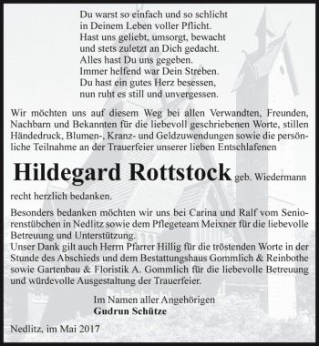 Traueranzeige von Hildegard Rottstock (geb. Wiedermann)  von Magdeburger Volksstimme