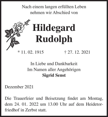 Traueranzeige von Hildegard Rudolph  von Magdeburger Volksstimme