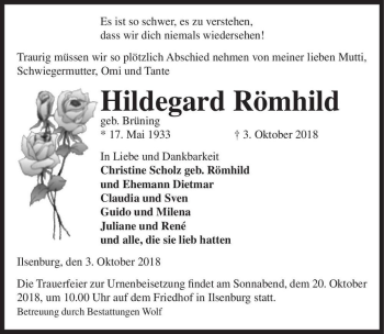 Traueranzeige von Hildegard Römhild (geb. Brüning)  von Magdeburger Volksstimme