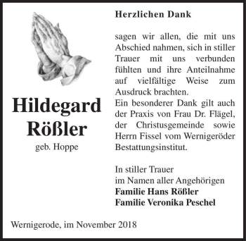 Traueranzeige von Hildegard Rößler (geb. Hoppe)  von Magdeburger Volksstimme