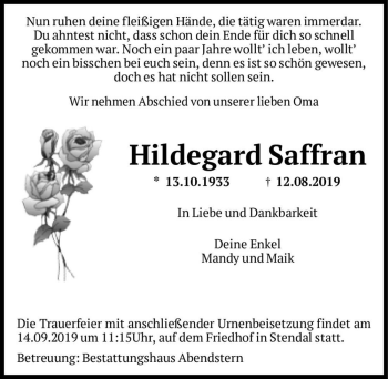 Traueranzeige von Hildegard Saffran  von Magdeburger Volksstimme