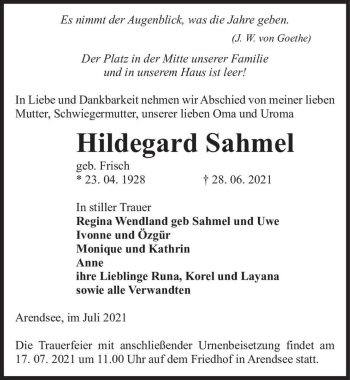 Traueranzeige von Hildegard Sahmel (geb. Frisch)  von Magdeburger Volksstimme