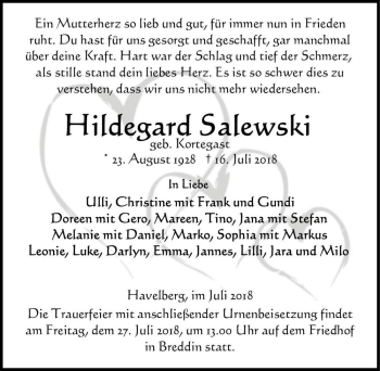 Traueranzeige von Hildegard Salewski (geb. Kortegast)  von Magdeburger Volksstimme