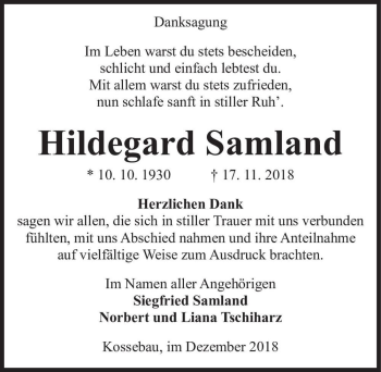 Traueranzeige von Hildegard Samland  von Magdeburger Volksstimme