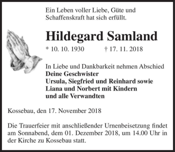 Traueranzeige von Hildegard Samland  von Magdeburger Volksstimme