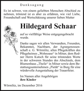 Traueranzeige von Hildegard Schaar  von Magdeburger Volksstimme