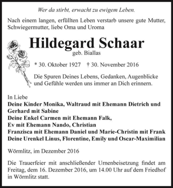 Traueranzeige von Hildegard Schaar (geb. Biallas)  von Magdeburger Volksstimme