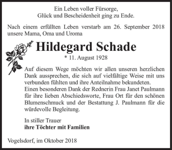 Traueranzeige von Hildegard Schade  von Magdeburger Volksstimme
