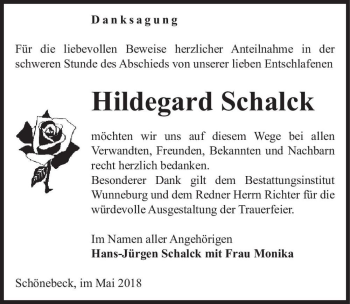 Traueranzeige von Hildegard Schalck  von Magdeburger Volksstimme