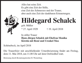 Traueranzeige von Hildegard Schalck (geb. Müller)  von Magdeburger Volksstimme