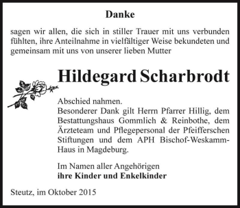Traueranzeige von Hildegard Scharbrodt  von Magdeburger Volksstimme