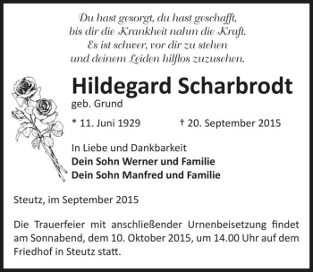 Traueranzeige von Hildegard Scharbrodt (geb. Grund)  von Magdeburger Volksstimme