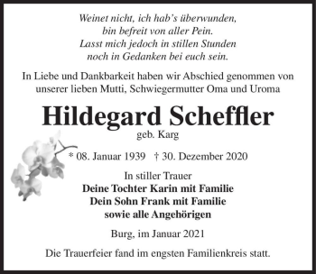 Traueranzeige von Hildegard Scheffler (geb. Karg)  von Magdeburger Volksstimme