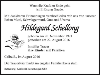 Traueranzeige von Hildegard Schellong  von Magdeburger Volksstimme