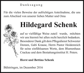 Traueranzeige von Hildegard Schenk  von Magdeburger Volksstimme