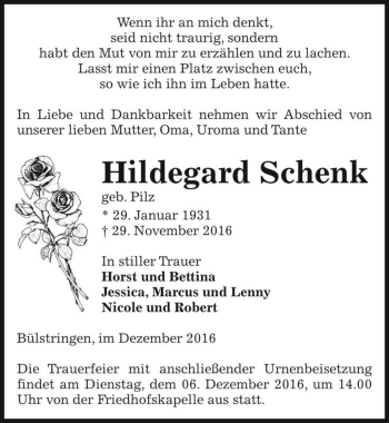 Traueranzeige von Hildegard Schenk (geb. Pilz)  von Magdeburger Volksstimme