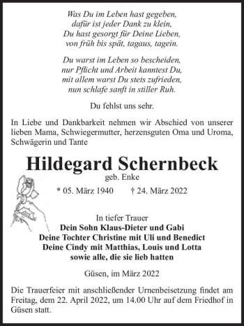 Traueranzeige von Hildegard Schernbeck (geb. Enke)  von Magdeburger Volksstimme