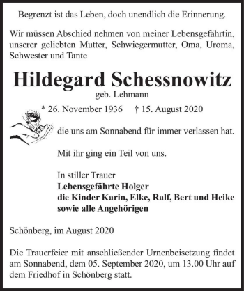 Traueranzeige von Hildegard Schessnowitz (geb. Lehmann)  von Magdeburger Volksstimme