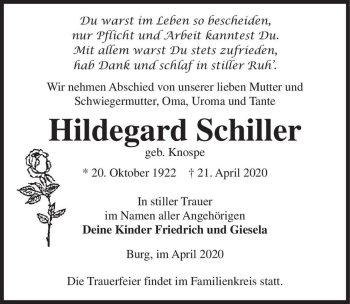 Traueranzeige von Hildegard Schiller (geb. Knospe)  von Magdeburger Volksstimme