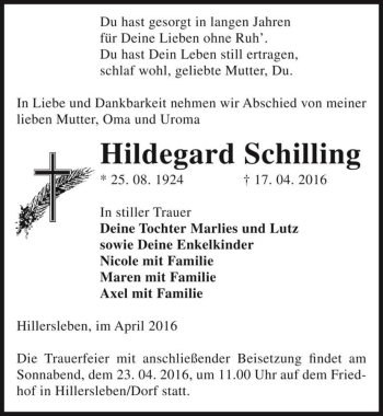 Traueranzeige von Hildegard Schilling  von Magdeburger Volksstimme