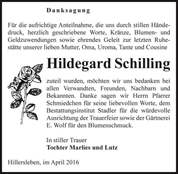 Traueranzeige von Hildegard Schilling  von Magdeburger Volksstimme