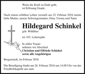 Traueranzeige von Hildegard Schinkel (geb. Wöhlbier)  von Magdeburger Volksstimme
