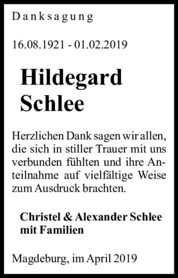 Traueranzeige von Hildegard Schlee  von Magdeburger Volksstimme