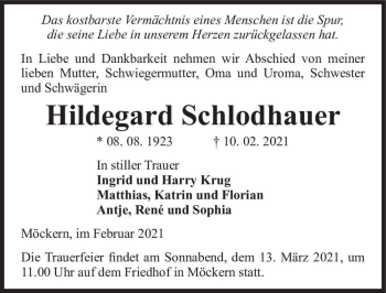 Traueranzeige von Hildegard Schlodhauer  von Magdeburger Volksstimme