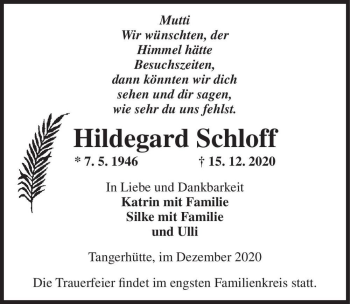 Traueranzeige von Hildegard Schloff  von Magdeburger Volksstimme