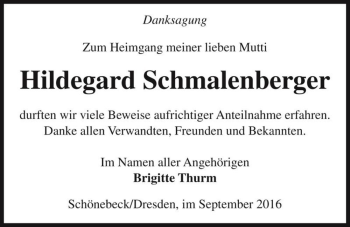 Traueranzeige von Hildegard Schmalenberger  von Magdeburger Volksstimme