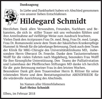 Traueranzeige von Hildegard Schmidt  von Magdeburger Volksstimme