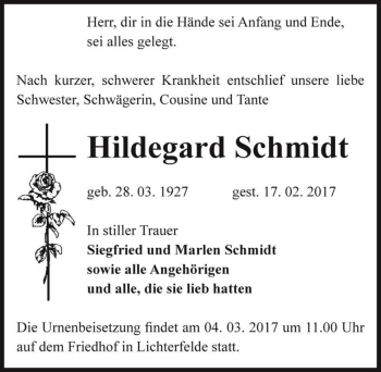 Traueranzeige von Hildegard Schmidt  von Magdeburger Volksstimme