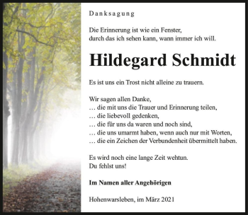 Traueranzeige von Hildegard Schmidt  von Magdeburger Volksstimme