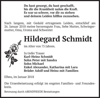 Traueranzeige von Hildegard Schmidt  von Magdeburger Volksstimme
