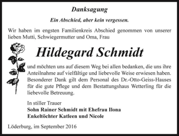 Traueranzeige von Hildegard Schmidt  von Magdeburger Volksstimme