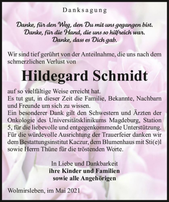 Traueranzeige von Hildegard Schmidt  von Magdeburger Volksstimme