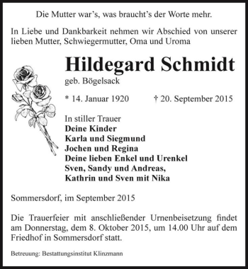 Traueranzeige von Hildegard Schmidt (geb. Bögelsack)  von Magdeburger Volksstimme