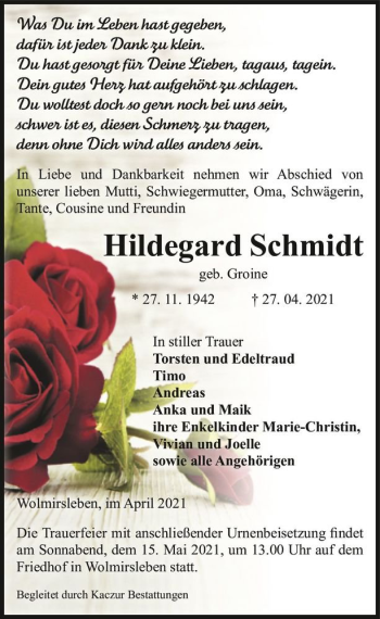 Traueranzeige von Hildegard Schmidt (geb. Groine)  von Magdeburger Volksstimme