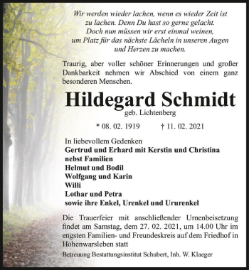 Traueranzeige von Hildegard Schmidt (geb. Lichtenberg)  von Magdeburger Volksstimme