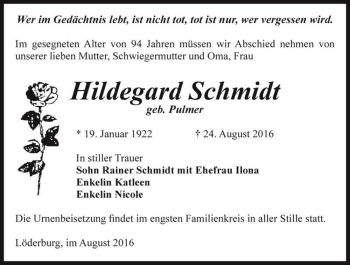 Traueranzeige von Hildegard Schmidt (geb. Pulmer)  von Magdeburger Volksstimme
