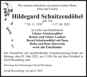 Traueranzeige von Hildegard Schnitzendöbel (geb. Zur)  von Magdeburger Volksstimme