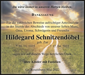 Traueranzeige von Hildegard Schnitzendöbel (geb. Zur)  von Magdeburger Volksstimme