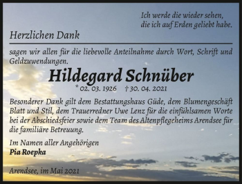 Traueranzeige von Hildegard Schnüber  von Magdeburger Volksstimme