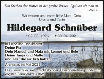Traueranzeige von Hildegard Schnüber  von Magdeburger Volksstimme