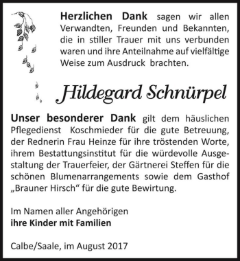 Traueranzeige von Hildegard Schnürpel  von Magdeburger Volksstimme