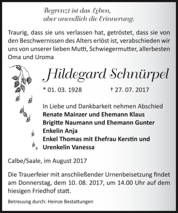 Traueranzeige von Hildegard Schnürpel  von Magdeburger Volksstimme