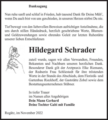 Traueranzeige von Hildegard Schrader  von Magdeburger Volksstimme
